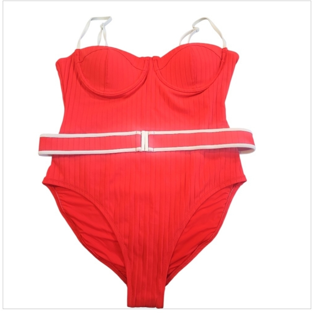 Solid & Striped The Spencer Red Ribbed Belted One Piece Swimsuit L - Picture 6 of 11